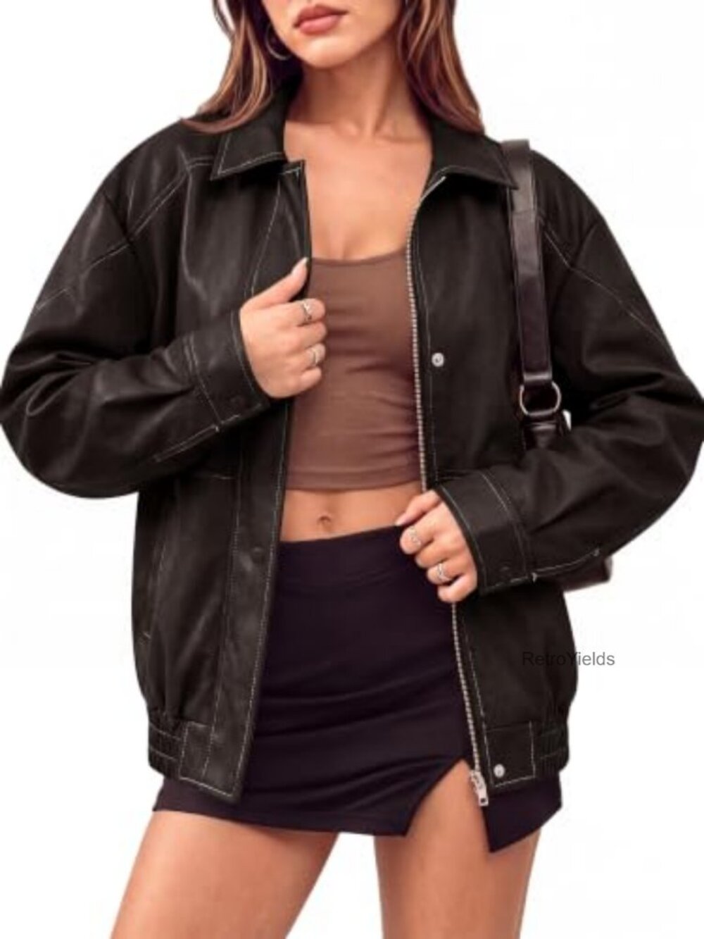 Oversized Distressed Faux Leather Bomber Jacket Turn Down Collar Zipper